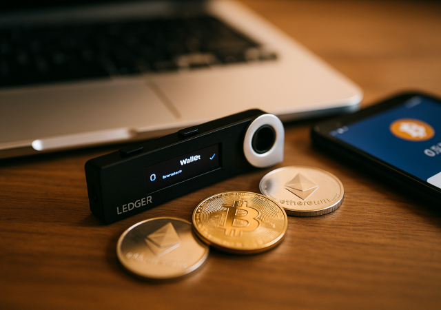 Ledger Nano S et pièces Bitcoin/Ethereum sur un bureau en bois