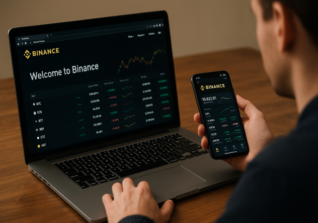 Ordinateur et smartphone affichant l’interface Binance