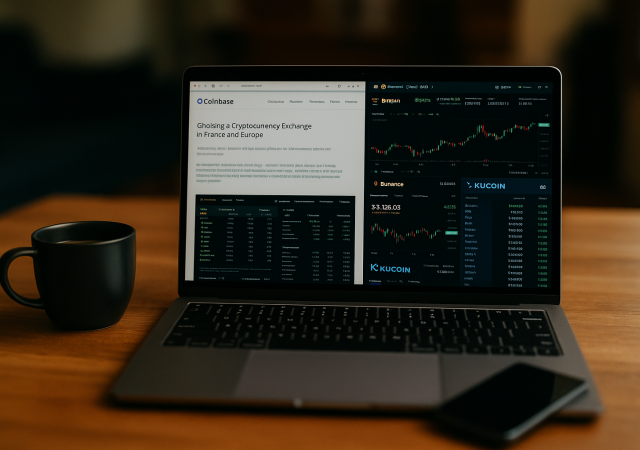 Bureau avec ordinateur affichant plateformes crypto