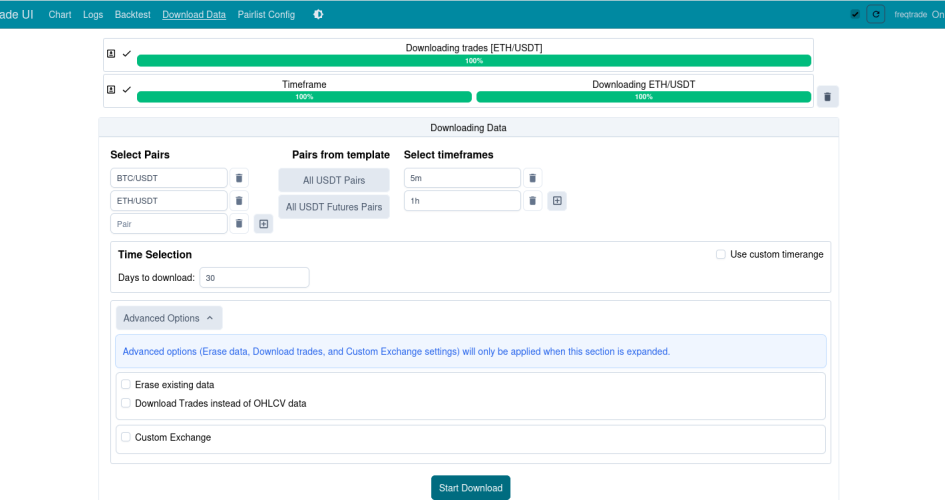 Télécharger les données avec Freqtrade UI