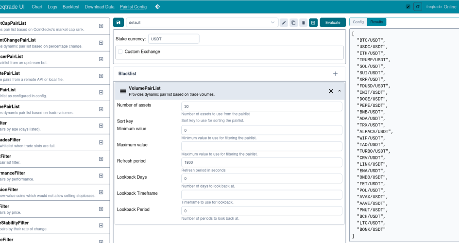 Configurer dynamiquement la Pairlist dans Freqtrade UI